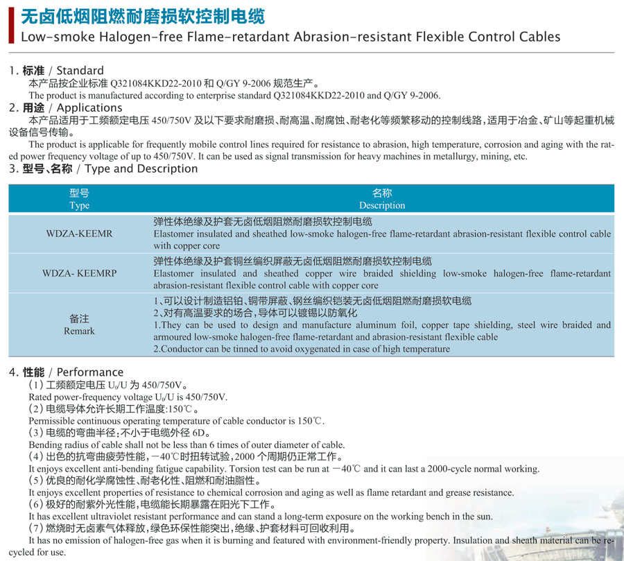 无卤低烟阻燃耐磨损软控制电缆