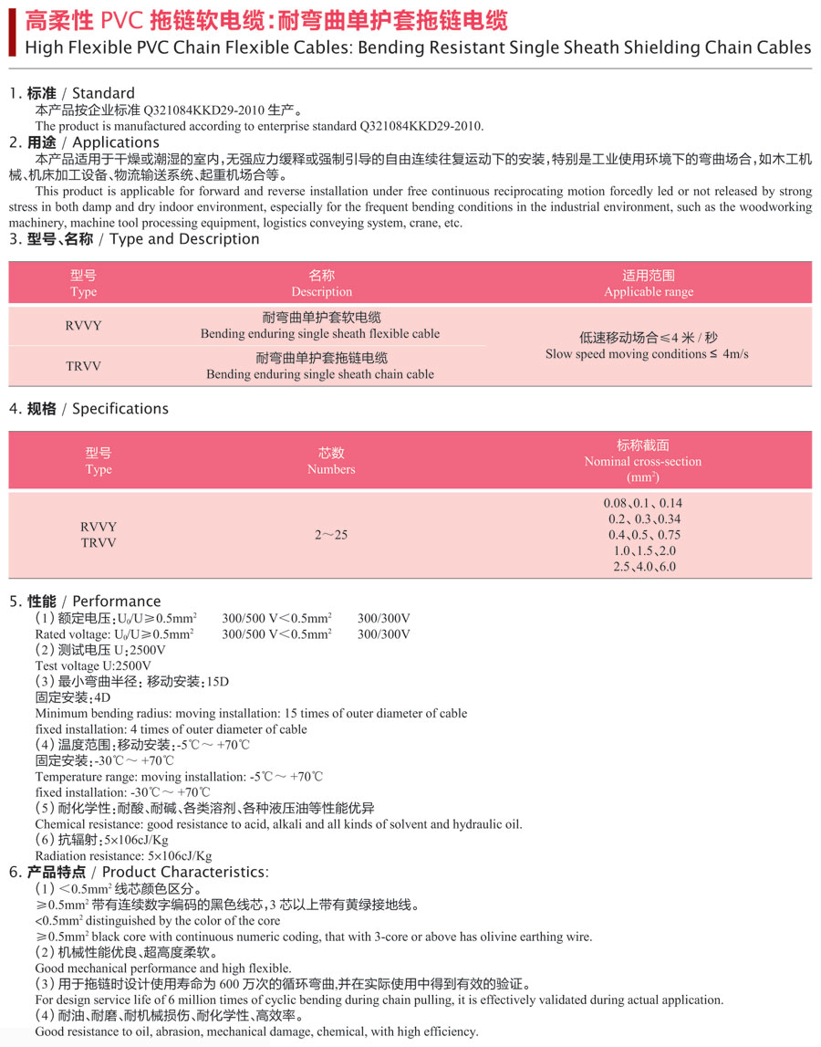 高柔性PVC拖链软电缆：耐弯曲单护套拖链电缆